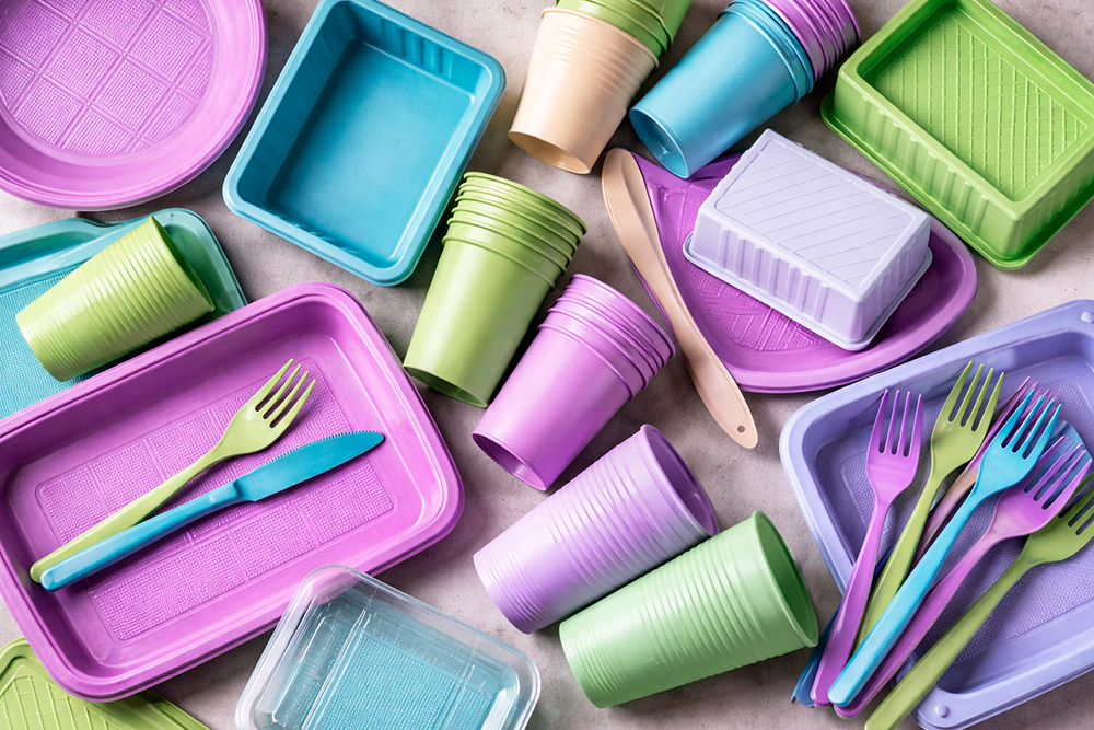 Plastic-made food packaging and cutlery.