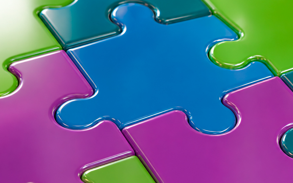 Puzzle pieces strategically fitting, representing the synergies and joint efforts of the four Working Groups of the EicCircularBioplastics Portfolio. 