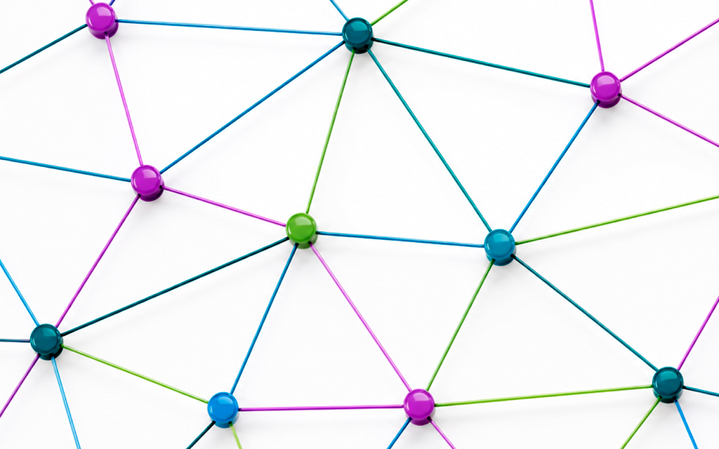 Dots linked across white space, representing projects collaborating and forming a web